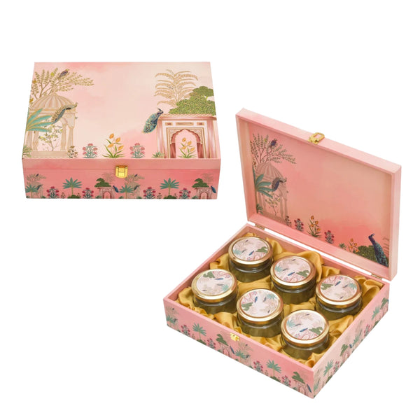 Pink Peacock Wooden Dry Fruit Gift Box with 6 Glass Jars – Festive Hamper