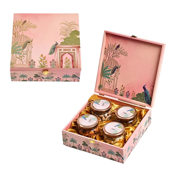 Pink Peacock Wooden Hamper Box with 4 Glass Jars – Diwali Gift Box