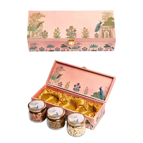 Pink Peacock Wooden Gift Box with 3 Glass Jars – Diwali Hamper Box