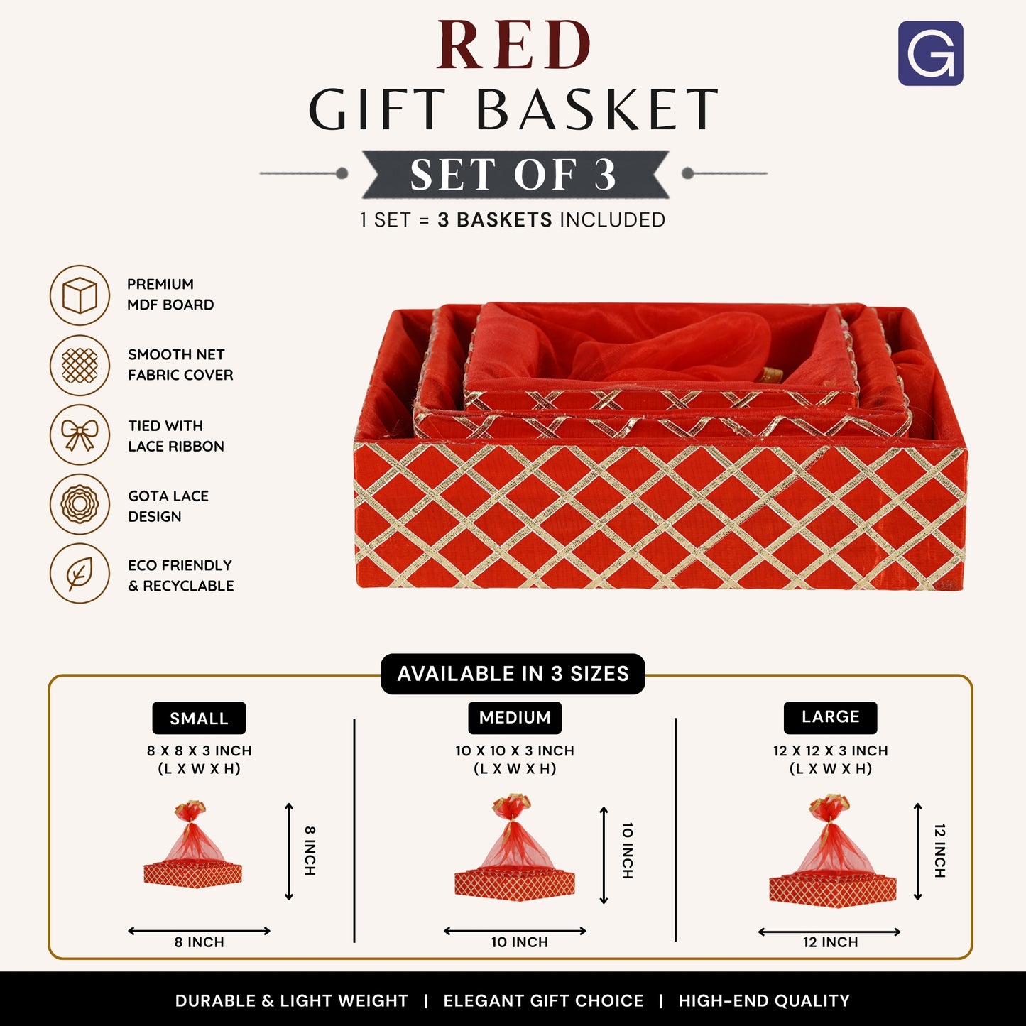 Square Lace Red Gift Basket Set of 3 | Festive & Return Gift Packaging