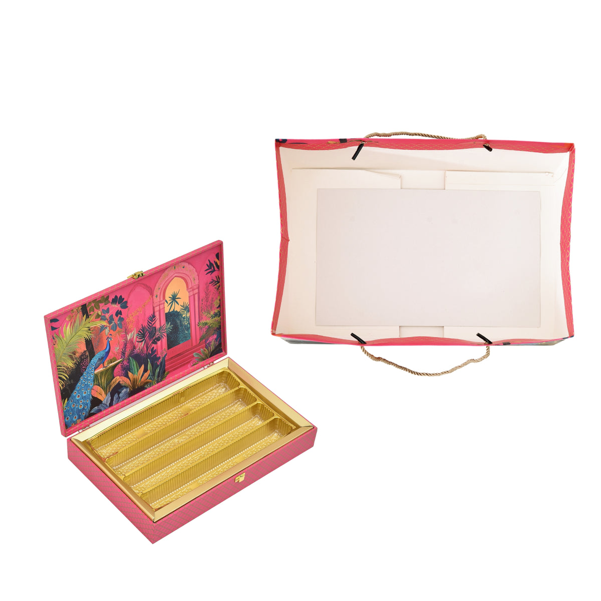 Pink Peacock Palace Print Paper Bag with Matching Wooden Box Combo – Festive Gift Packaging Set