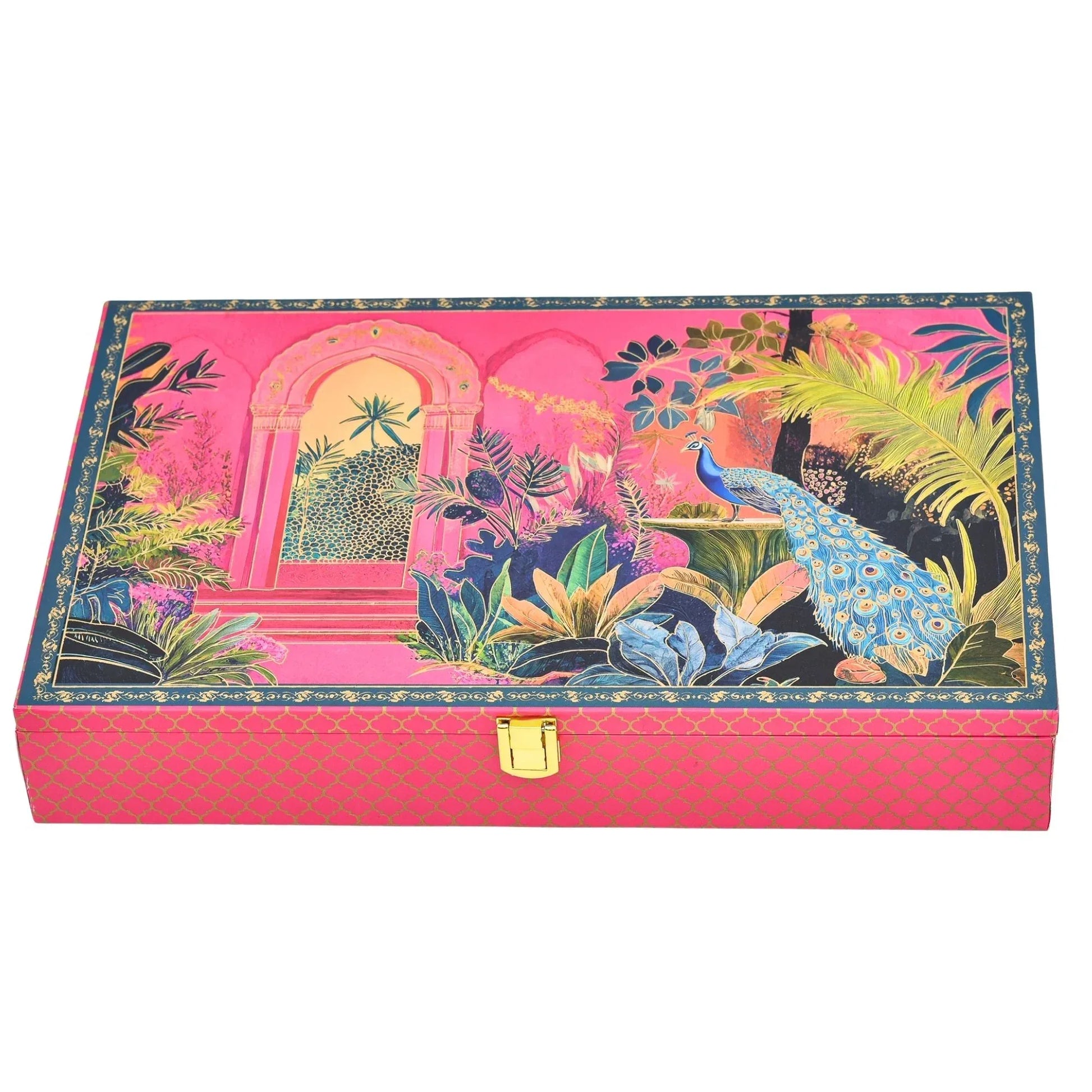 Royal Peacock Mughal Garden Luxury Mithai Gift Box with 4 Line Trays – Pink | Grownex Packaging | Hamper Box