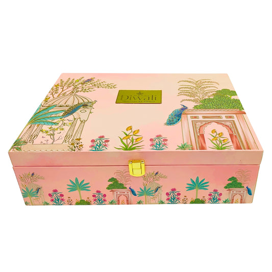 Luxury Diwali Gift Box with 6 Glass Jars – Elegant Reusable Packaging with Peacock Design | Premium Festive Gift Hamper | Grownex Packaging | wooden box