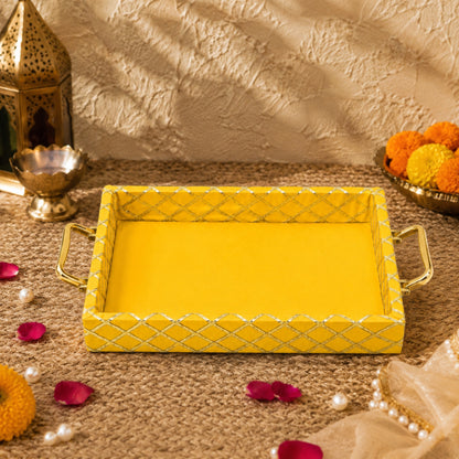Traditional Yellow Wooden Square Lace Hamper Tray