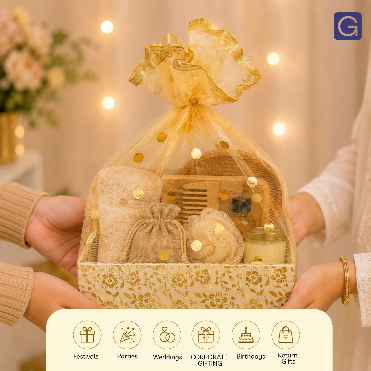 Floral Gold Hamper Basket | Stylish Basket for Festive & Corporate Gifting