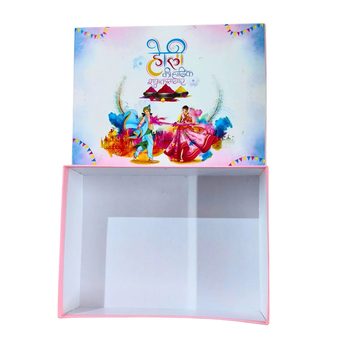 Holi Print Hamper Box 24x18x8 cm – Pink Kappa Board Food Safe Gift Box | Grownex Packaging | Hamper Box