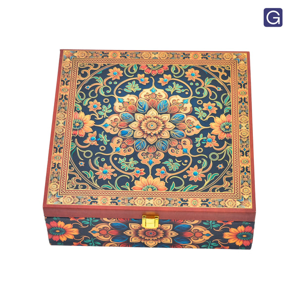 Red Floral Foil Diwali Hamper Box - Design Close-up
