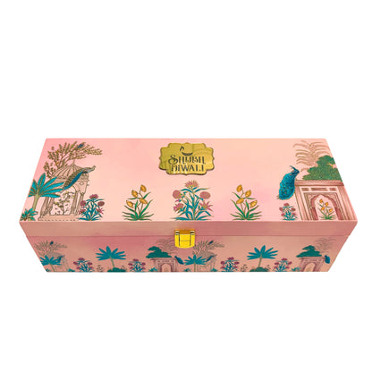Luxury Shubh Diwali Pink Peacock Wooden Gift Box – 3 Jar Dry Fruit & Sweet Hamper | Grownex Packaging | wooden box