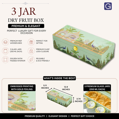 Green Garden Theme Wooden Hamper Box with 3 Jars for Festivals & Celebrations