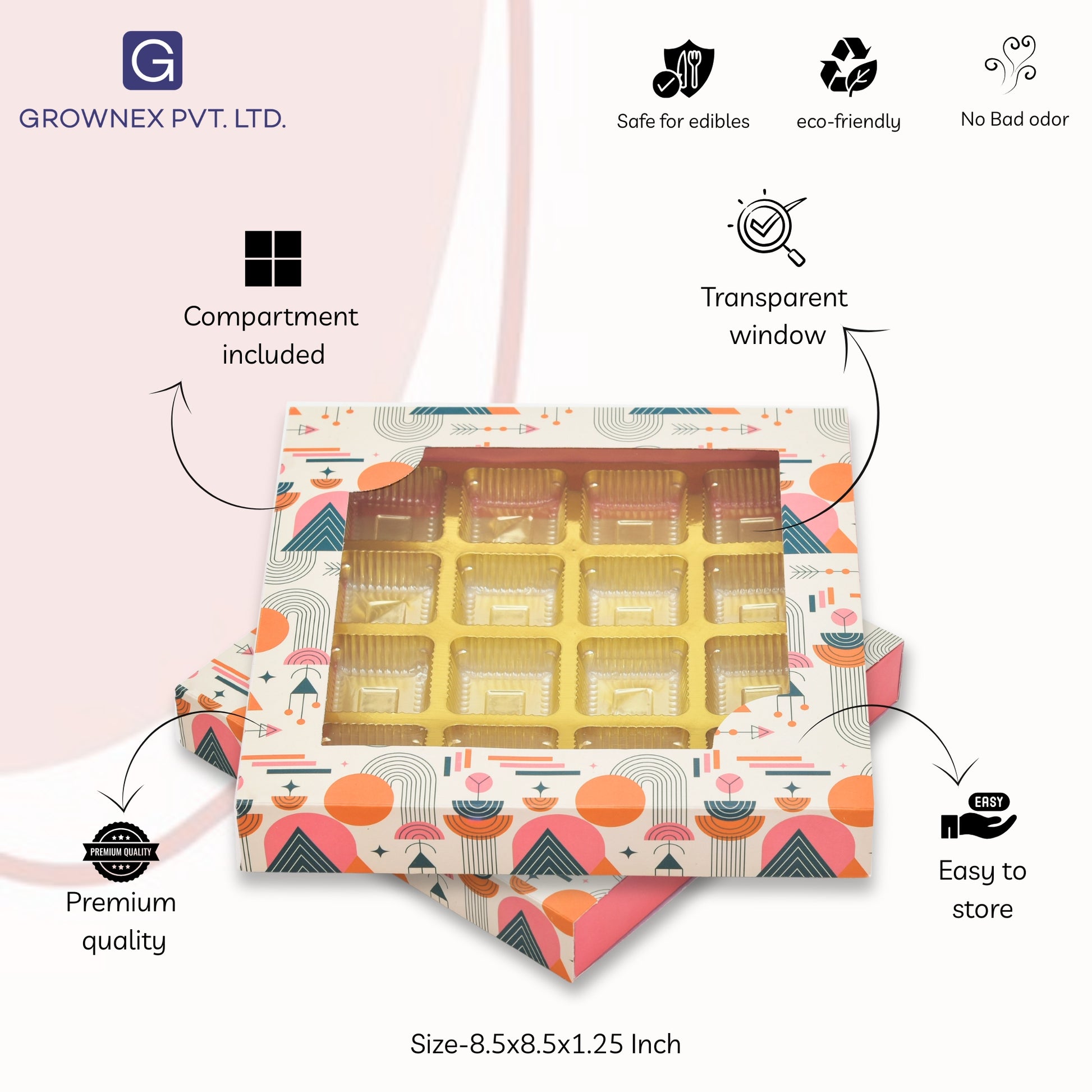 16 Cavity Folding Chocolates Packing Box - Pink | Grownex Packaging | Chocolate Box