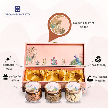 Pink Peacock Print Wooden Gift Box For Dry Fruits and Sweets with 3 Glass Jar | Grownex Packaging | wooden box