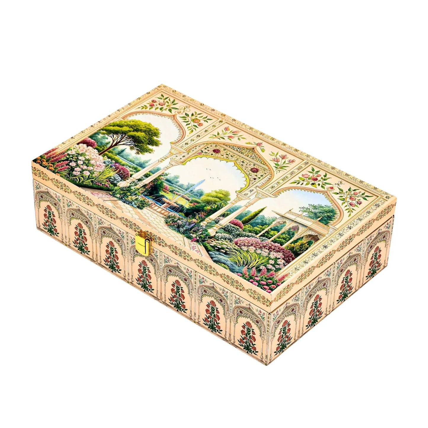 Royal Mughal Garden Luxury Gift Box - Premium Wooden Festive Hamper with Jars & Chocolate Cavity | Grownex Packaging | Hamper Box
