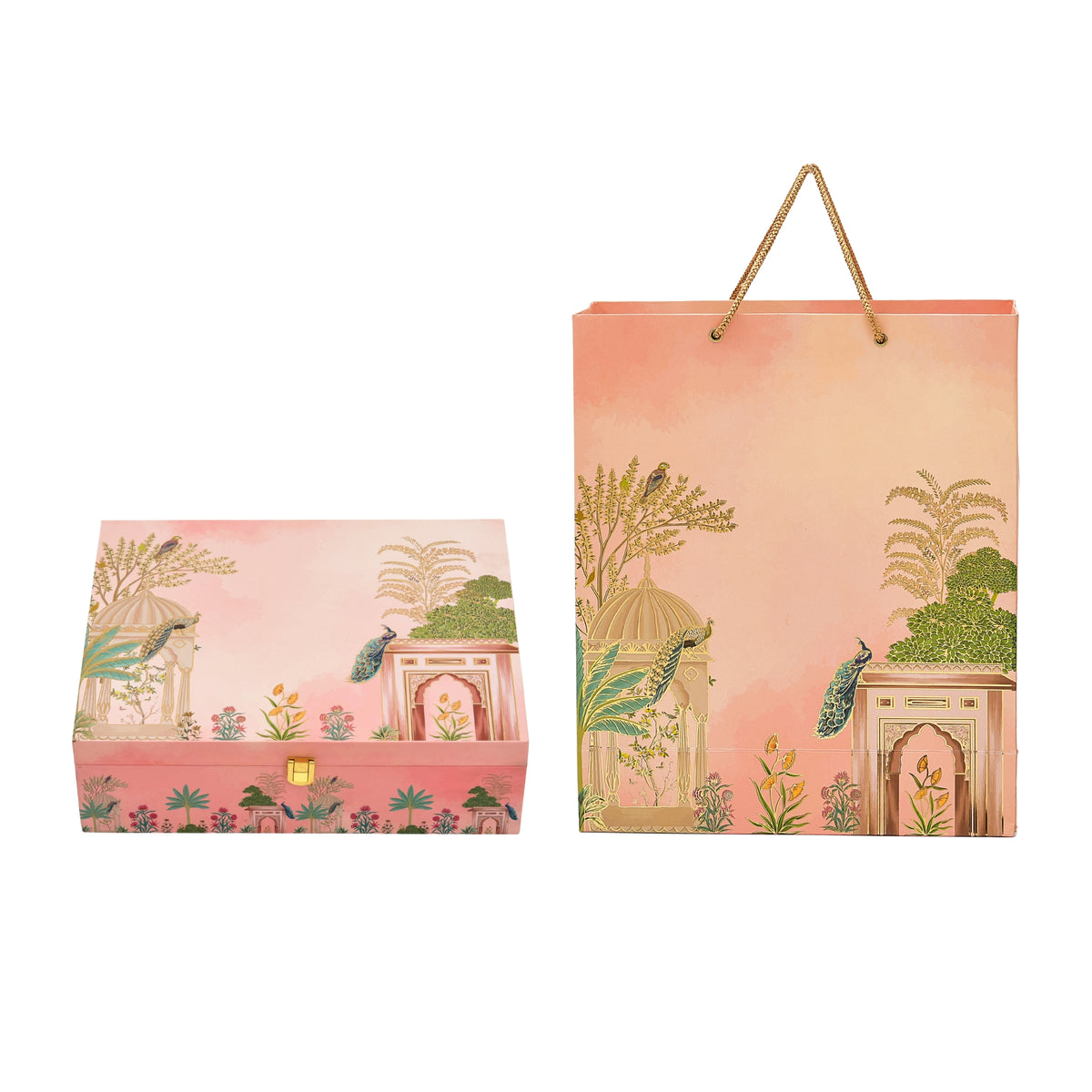 Peacock Garden Wooden Gift Box with Matching Paper Bag – 6 Jar Combo | Luxury Festive Packaging for Celebrations