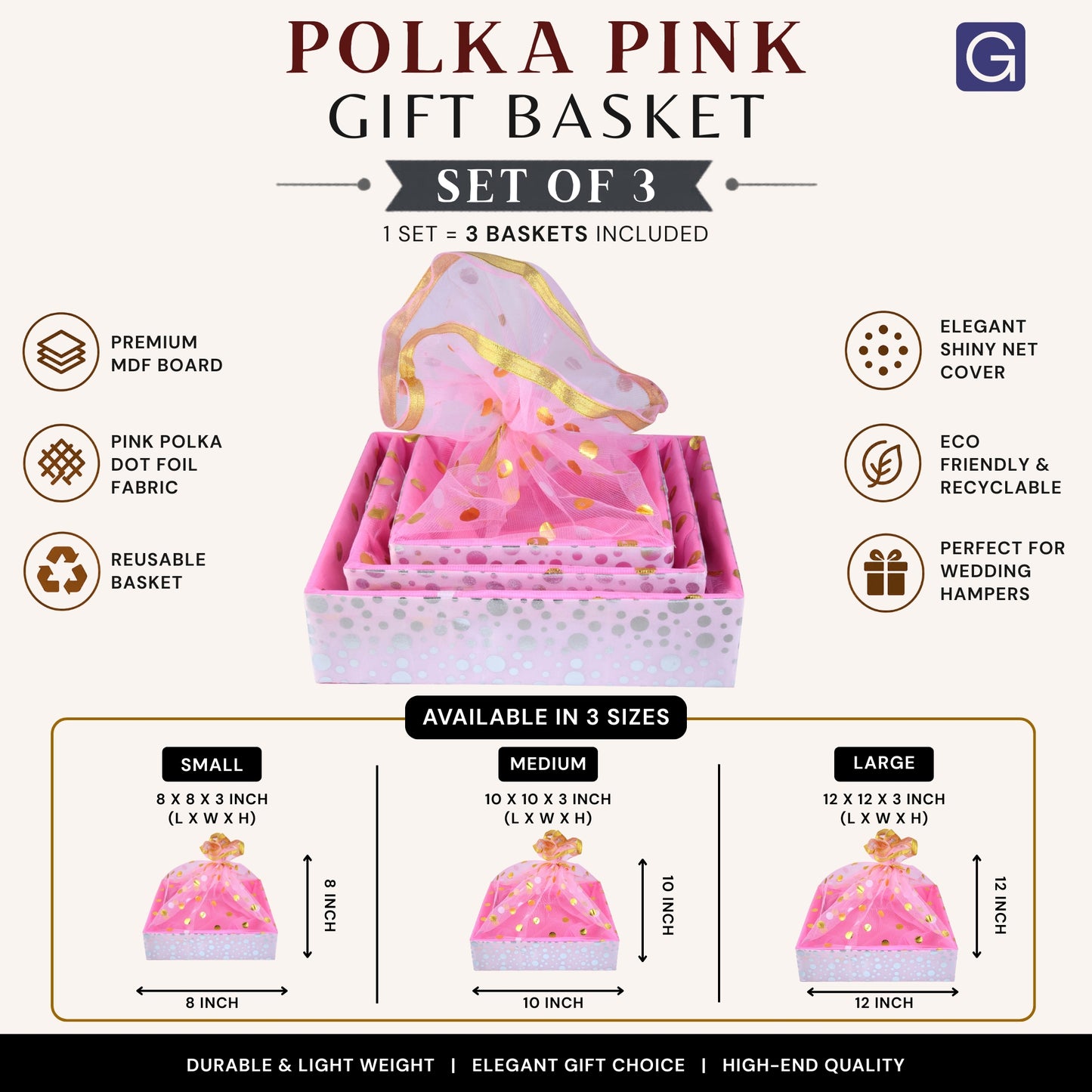 Polka Pink Gift Hamper Basket Set of 3 | Decorative MDF Basket for Festive Gifting