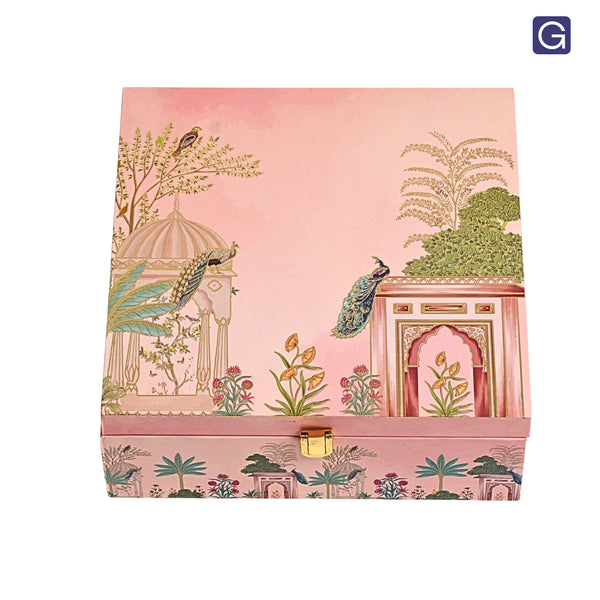 Pink Peacock wooden hamper box with 4 glass jars 