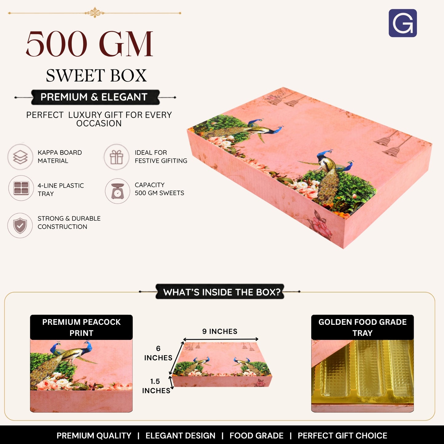 Pink Peacock 4 Line Sweet Box | 500gm Premium Mithai Gifting Box