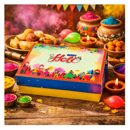 Happy Holi Beige Premium Gift Box 24×18×8 cm | Food-Safe Kappa Board Festive Packaging Box | Grownex Packaging | Hamper Box