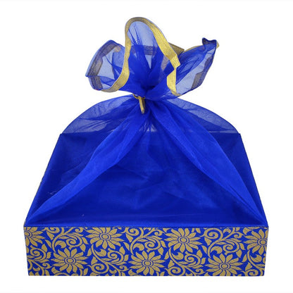Floral Print Blue Wooden Gift Hamper Basket | Grownex Packaging | Basket & Tray