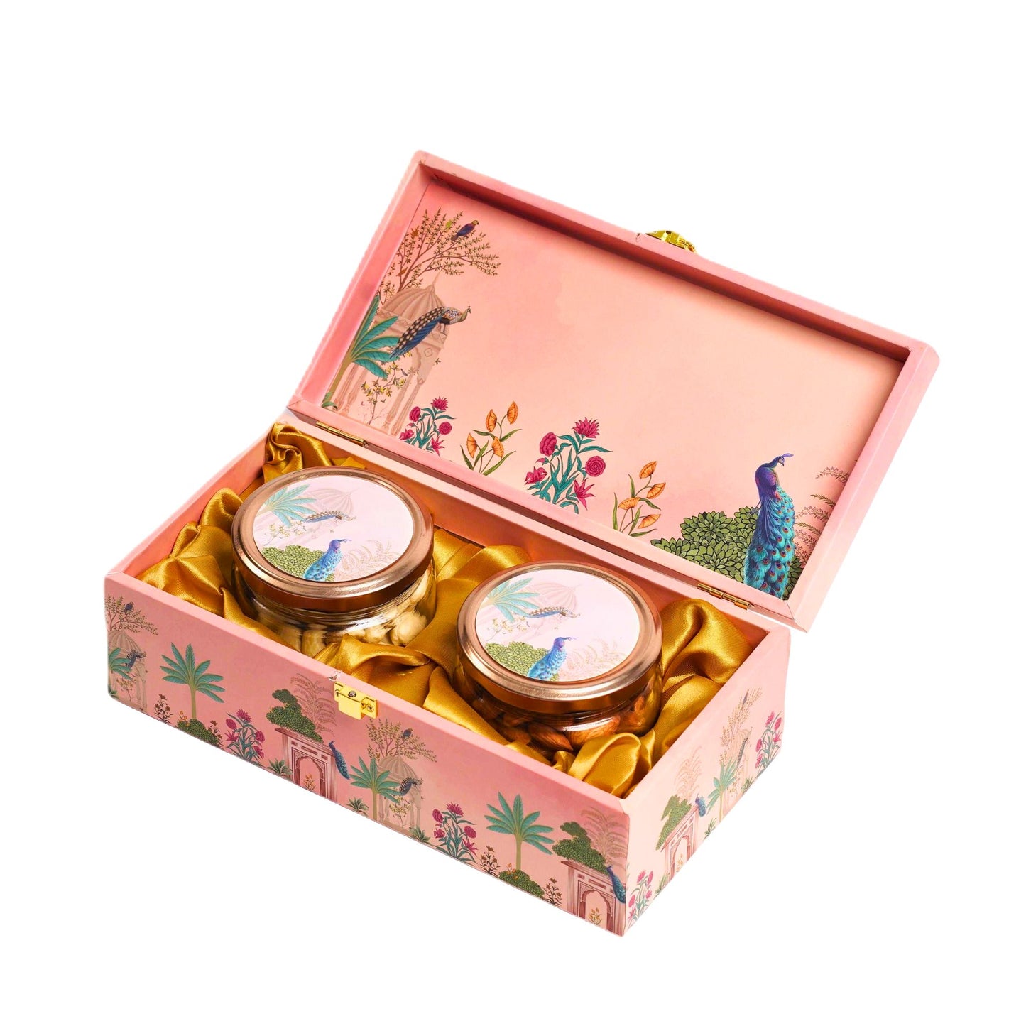 Luxury Pink Peacock Wooden Gift Box – 2 Jar Diwali Dry Fruit & Sweet Hamper | Grownex Packaging | wooden box