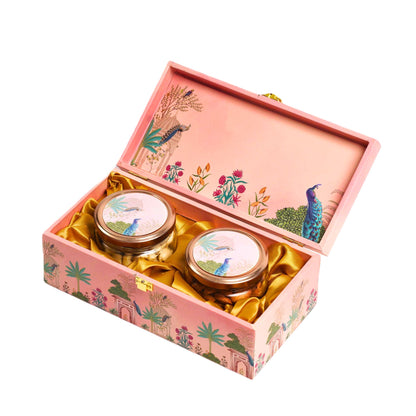 Luxury Pink Peacock Wooden Gift Box – 2 Jar Diwali Dry Fruit & Sweet Hamper | Grownex Packaging | wooden box