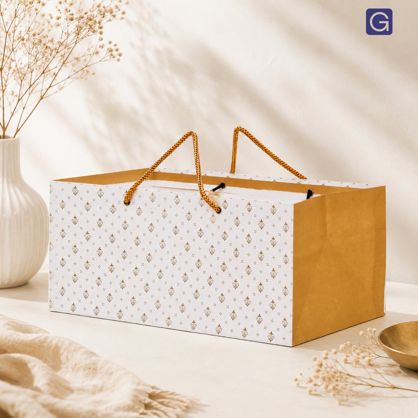Golden Floral Print Kraft Paper Gift Bag 13x8.5x6 Inch | Luxury Wedding & Festive Hamper Packaging