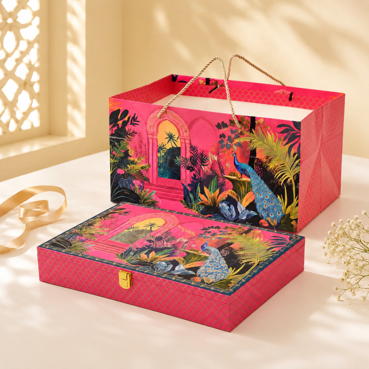 Pink Peacock Palace Print Paper Bag with Matching Wooden Box Combo – Festive Gift Packaging Set