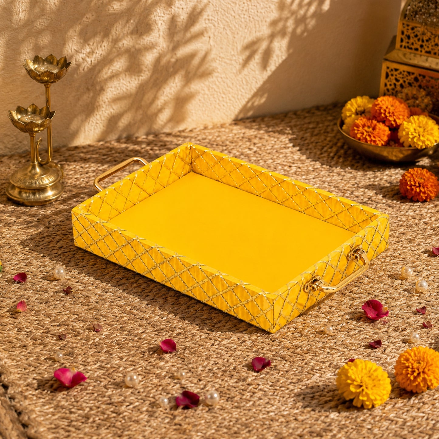 Traditional Yellow Wooden Square Lace Hamper Tray