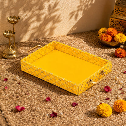 Traditional Yellow Wooden Square Lace Hamper Tray