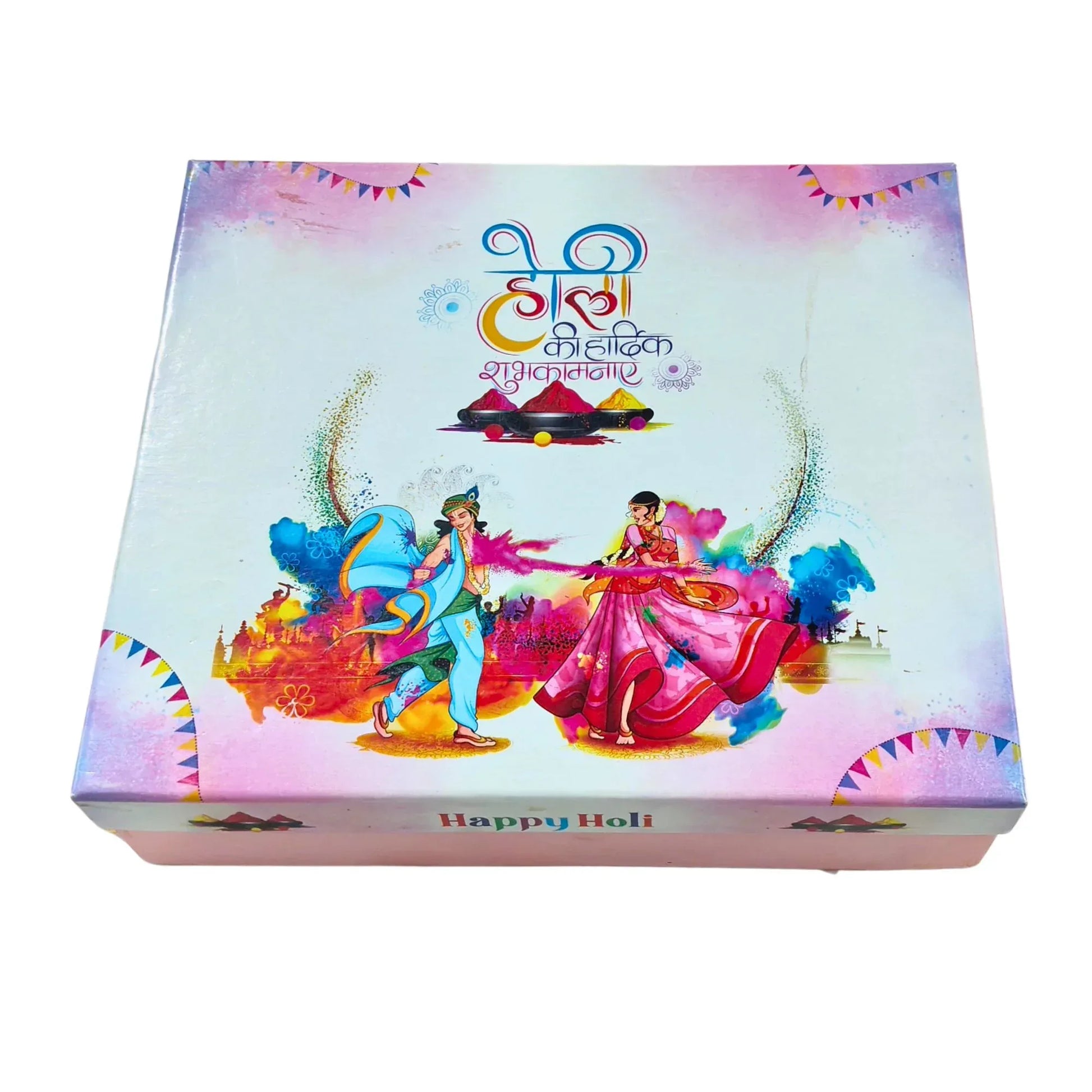 Holi Print Hamper Box 23.6 × 20.3 × 6.4 cm – Pink Kappa Board Food Safe Gift Box | Grownex Packaging | Hamper Box