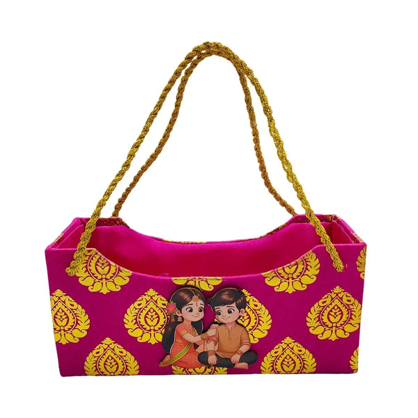 Raksha Bandhan Gift Wooden Basket Rani Pink - Front View | Grownex Packaging