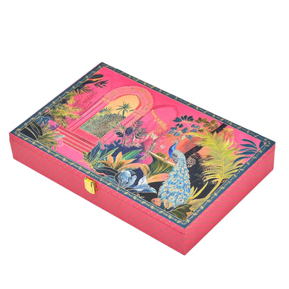 Royal Peacock Mughal Garden Luxury Mithai Gift Box with 4 Line Trays – Pink | Grownex Packaging | Hamper Box