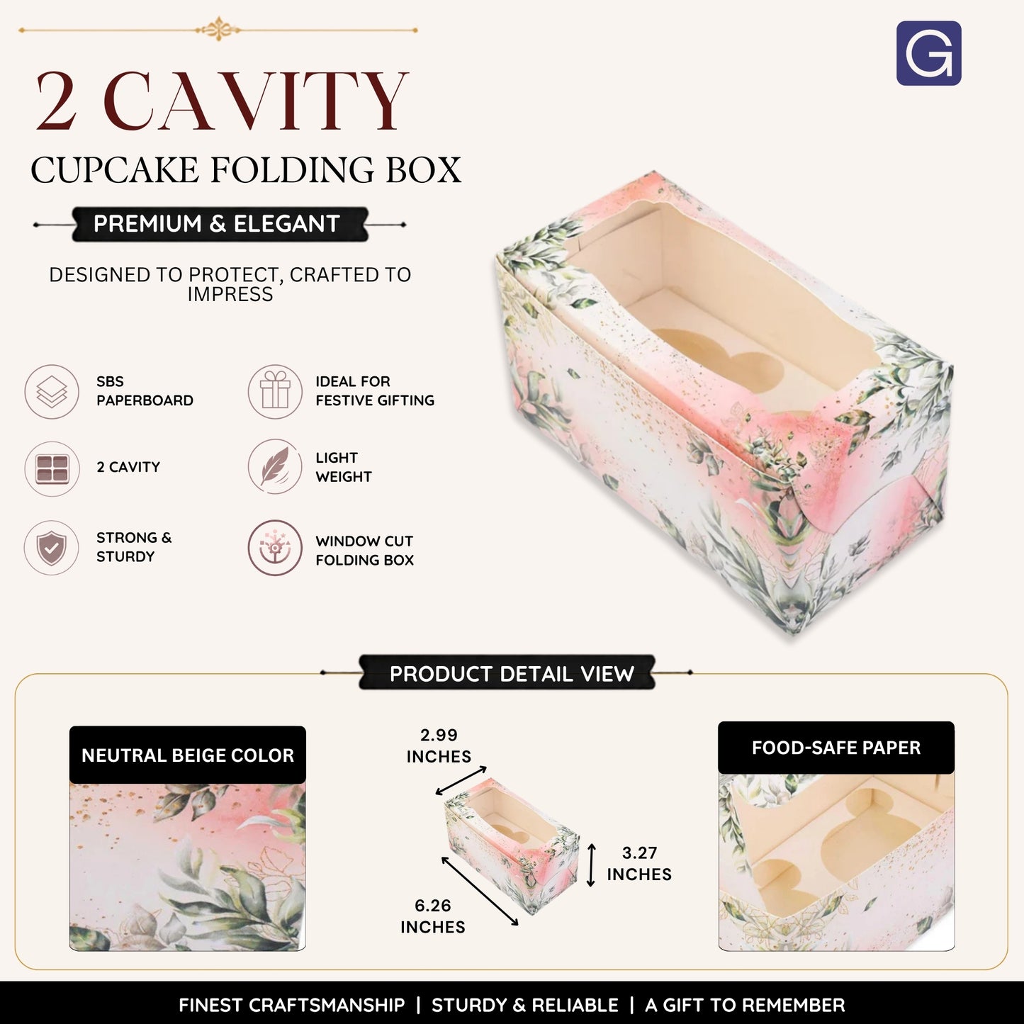 Beige 2 Cavity Cupcake Folding Box | Bakery Packaging