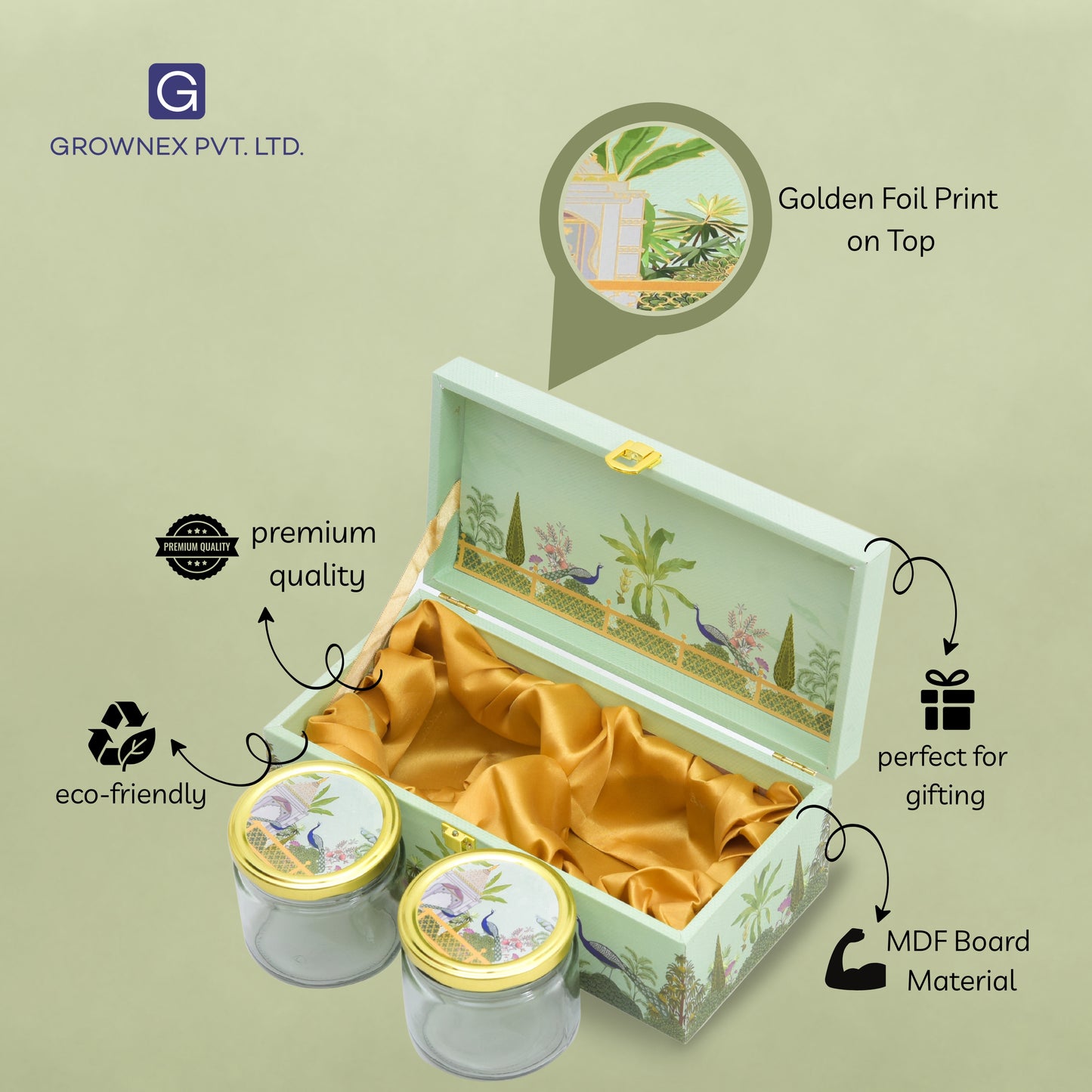 2 Jar Green Garden Theme Wooden Gift Box | Grownex Packaging | wooden box