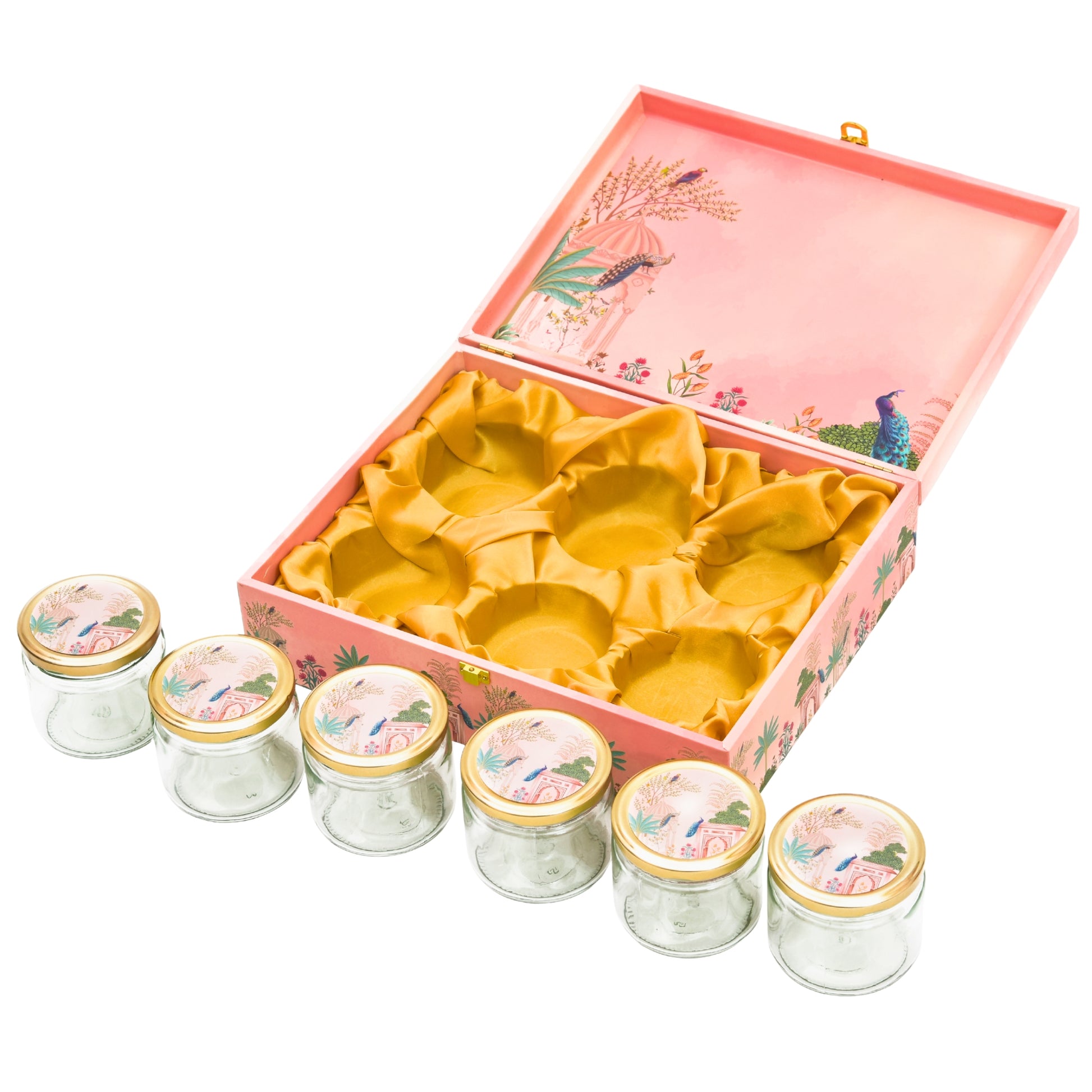 Luxury Diwali Gift Box with 6 Glass Jars – Elegant Reusable Packaging with Peacock Design | Premium Festive Gift Hamper | Grownex Packaging | wooden box