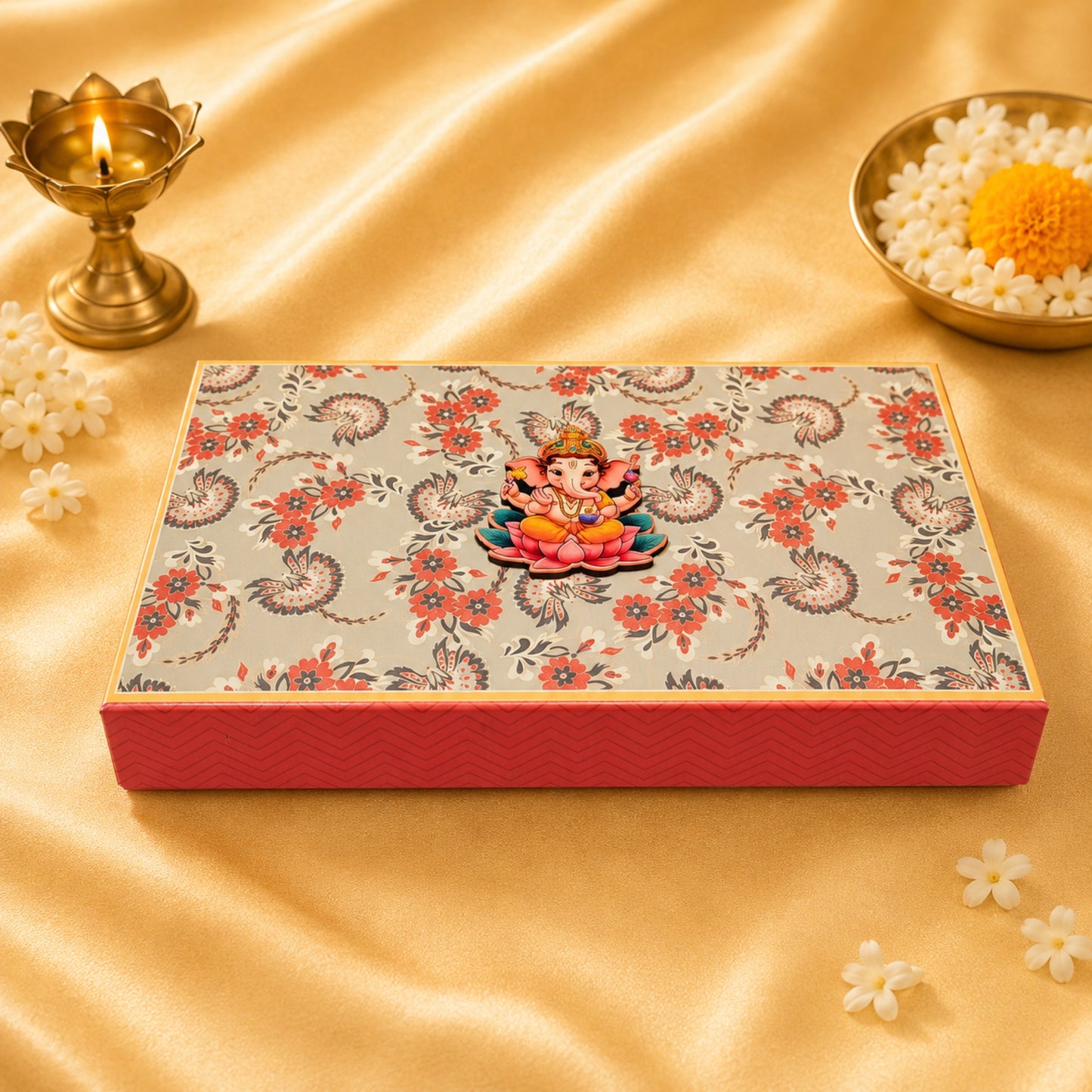 Ganesha Floral Gift Box | Grey Blue Paisley Print Premium Sweet Box