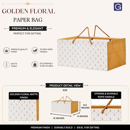 Golden Floral Print Kraft Paper Gift Bag 13x8.5x6 Inch | Luxury Wedding & Festive Hamper Packaging