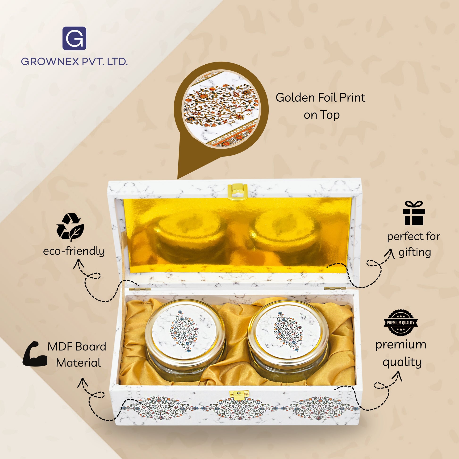 Festival Gift Packaging For Sweets and dry Fruits 2 Jar White Marble Wooden Gift Box | Grownex Packaging | wooden box