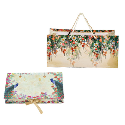 Peacock Floral Garden Print Paper Bag with Matching Book-Style Box Combo – Festive Gift Packaging Set