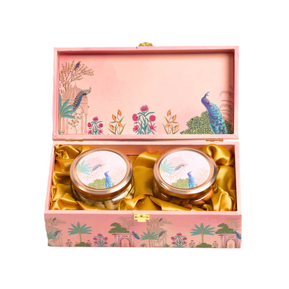 Luxury Pink Peacock Wooden Gift Box – 2 Jar Diwali Dry Fruit & Sweet Hamper | Grownex Packaging | wooden box