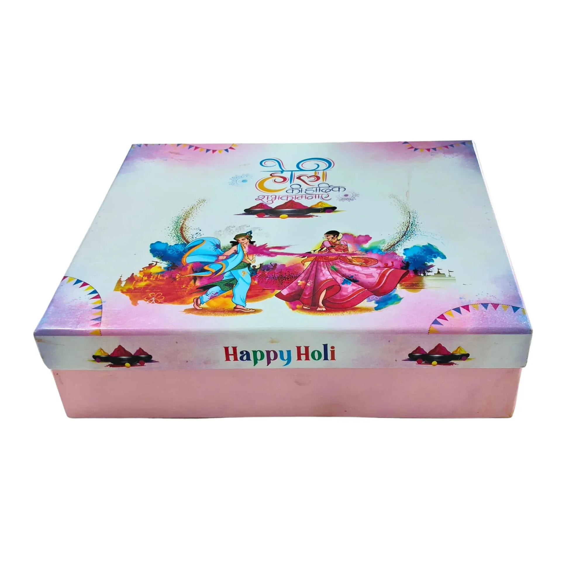 Holi Print Hamper Box 23.6 × 20.3 × 6.4 cm – Pink Kappa Board Food Safe Gift Box | Grownex Packaging | Hamper Box