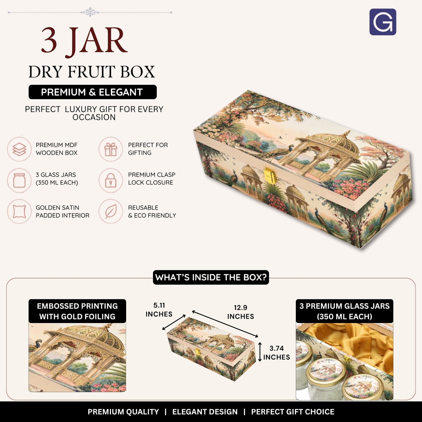 Royal Garden Print Wooden Gift Box with 3 Jars | Premium Dry Fruit Box