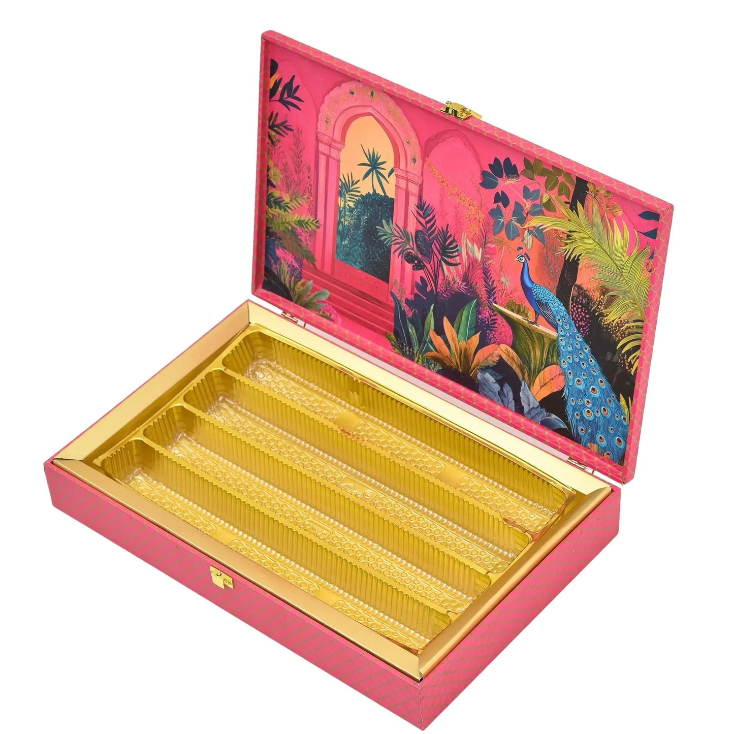 Royal Peacock Mughal Garden Luxury Mithai Gift Box with 4 Line Trays – Pink | Grownex Packaging | Hamper Box