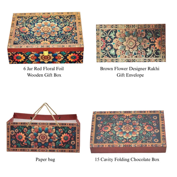 Premium Floral Festive Combo Pack – Wooden Gift Box, Designer Envelope, Paper Bag, Chocolate Box | Luxury Gift Packaging for Celebrations | Grownex Packaging | Hamper Box