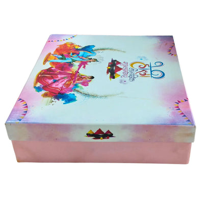 Holi Print Hamper Box 23.6 × 20.3 × 6.4 cm – Pink Kappa Board Food Safe Gift Box | Grownex Packaging | Hamper Box