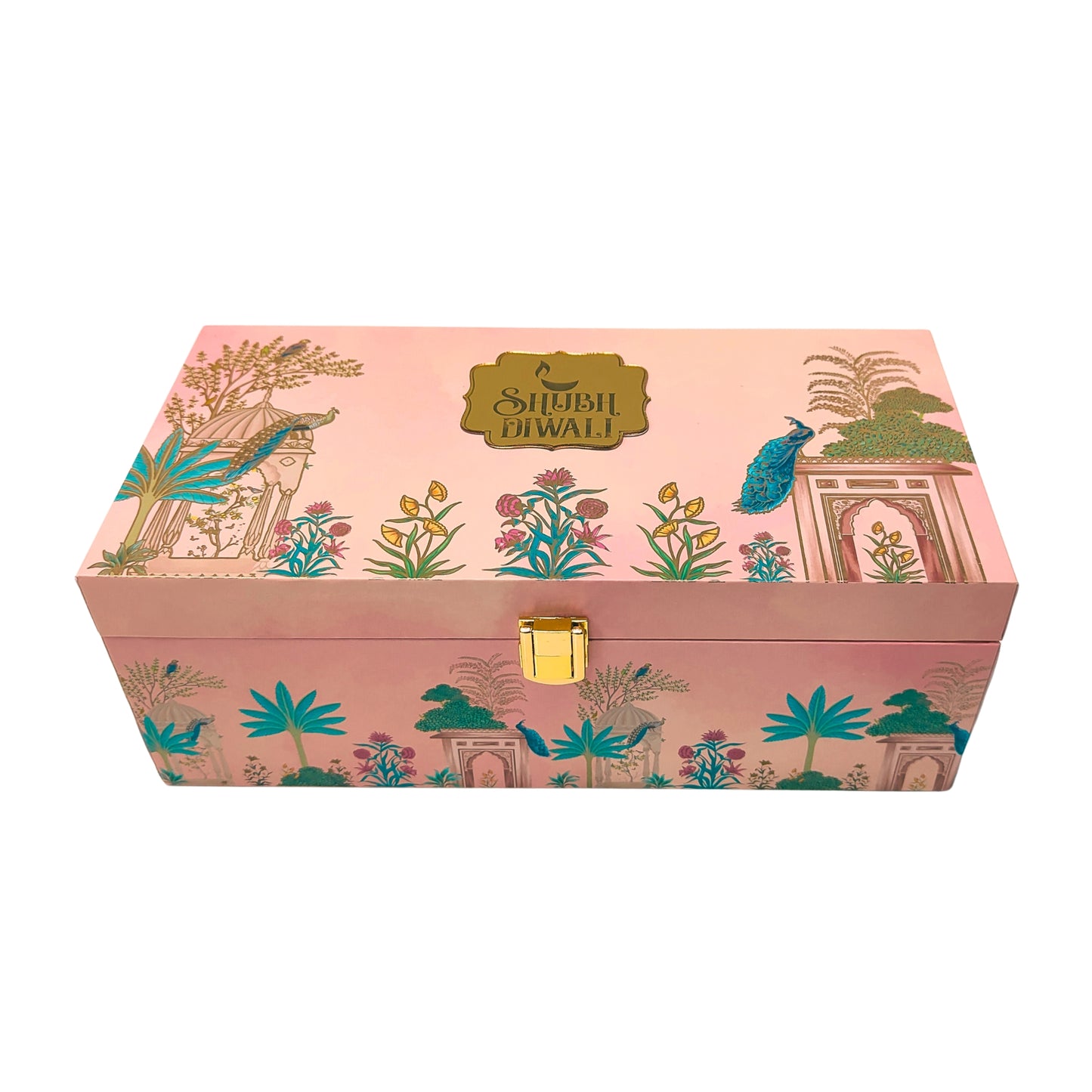 Luxury Shubh Diwali Pink Peacock Wooden Gift Box – 2 Jar Dry Fruit & Sweet Hamper | Grownex Packaging | wooden box