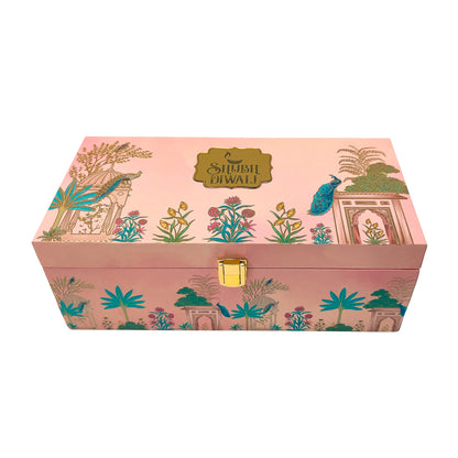 Luxury Shubh Diwali Pink Peacock Wooden Gift Box – 2 Jar Dry Fruit & Sweet Hamper | Grownex Packaging | wooden box