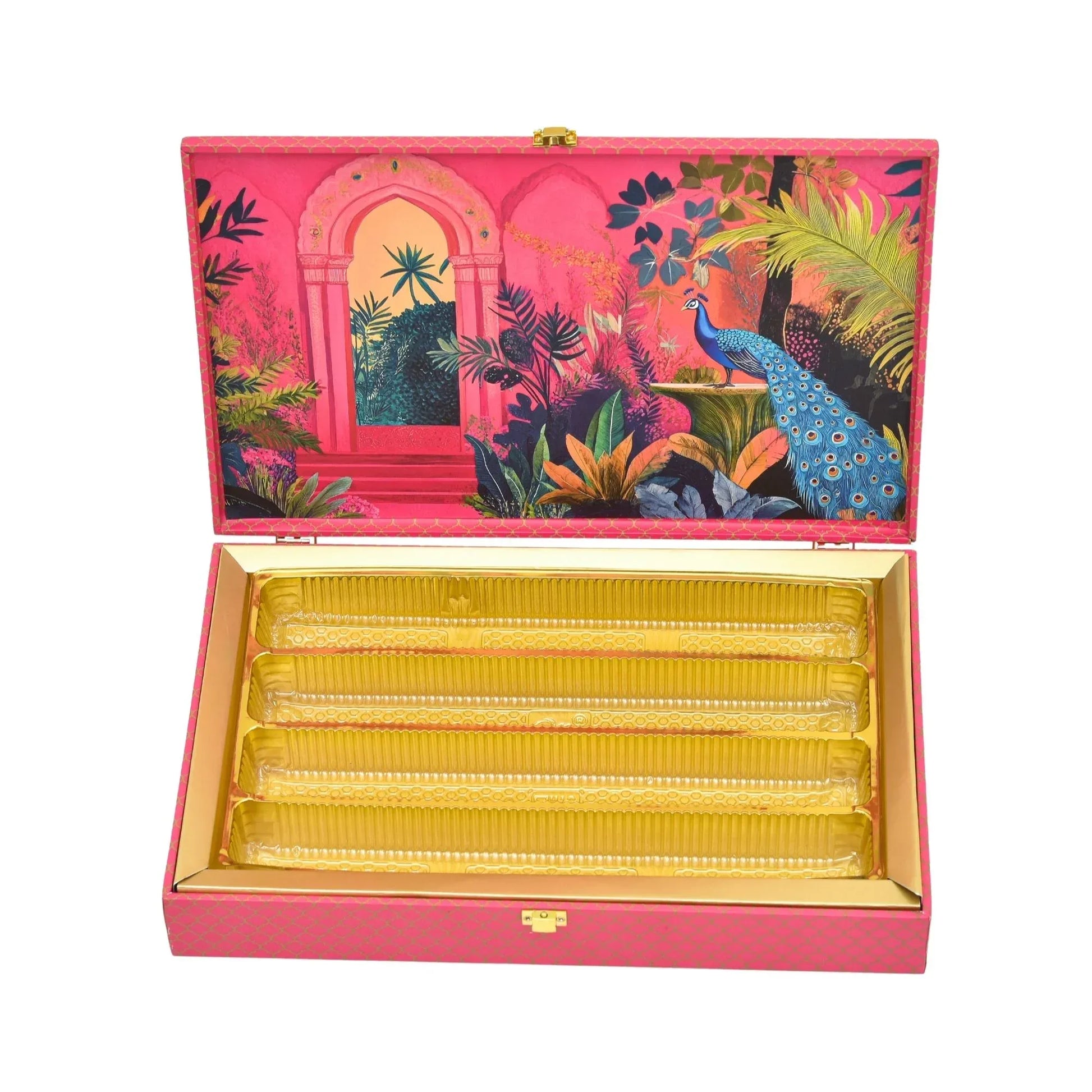 Royal Peacock Mughal Garden Luxury Mithai Gift Box with 4 Line Trays – Pink | Grownex Packaging | Hamper Box