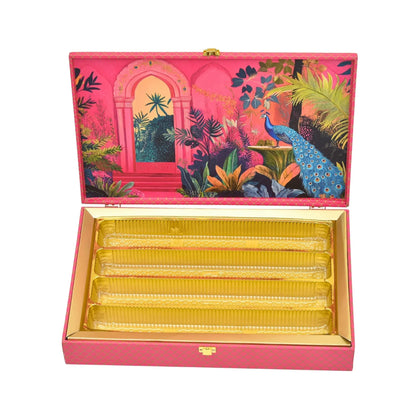 Royal Peacock Mughal Garden Luxury Mithai Gift Box with 4 Line Trays – Pink | Grownex Packaging | Hamper Box