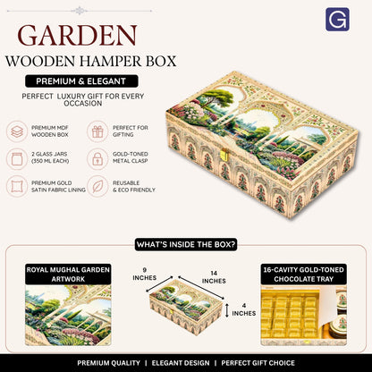 Royal Mughal Garden Wooden Hamper Box with Jars & Chocolate Tray | Diwali, Wedding & Festive Gifting