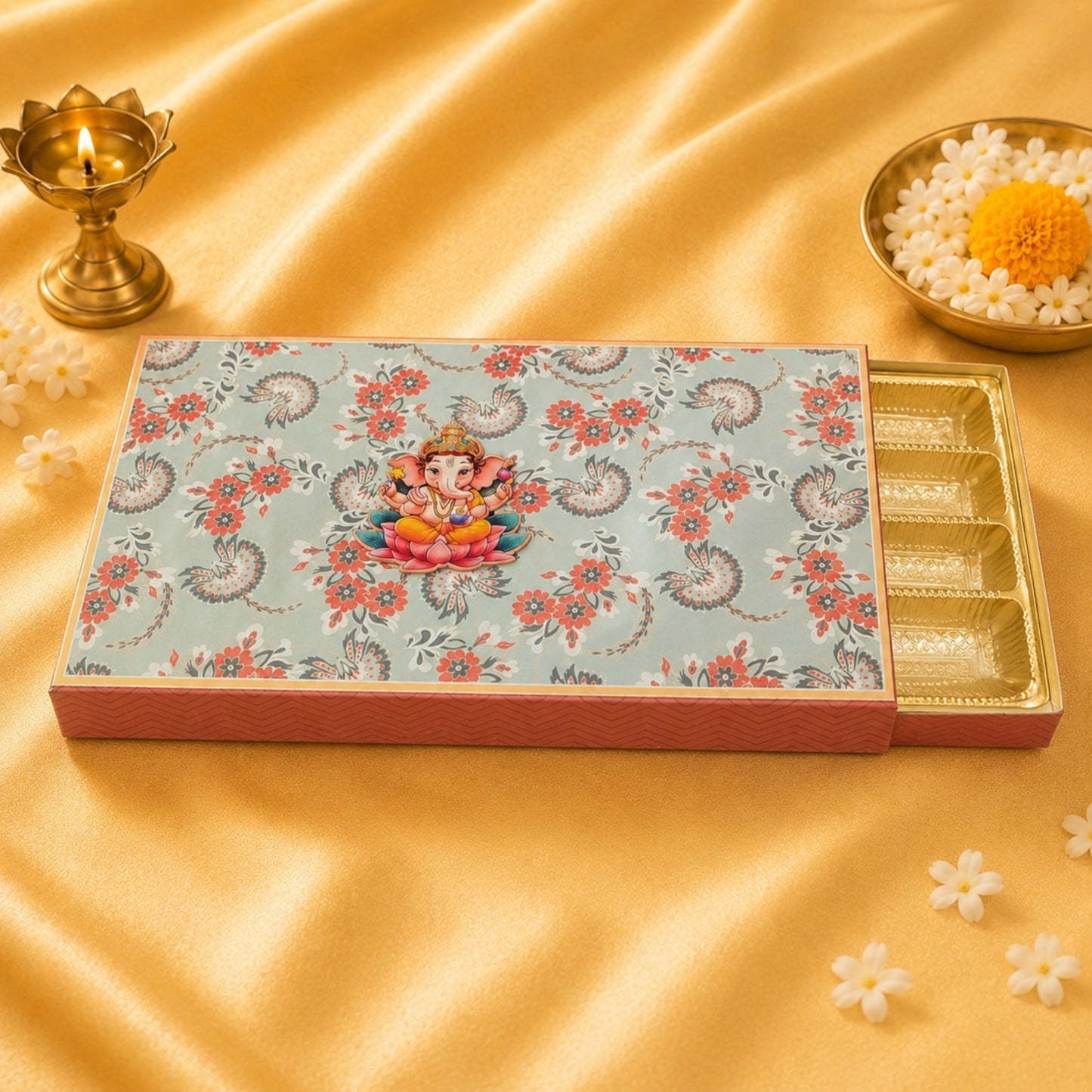 Ganesha Floral Gift Box | Grey Blue Paisley Print Premium Sweet Box